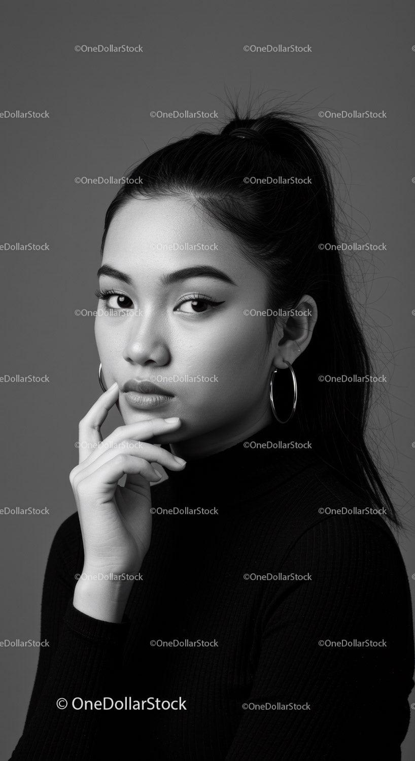 Elegant Black and White Portrait of Young Woman with Hoop Earrings