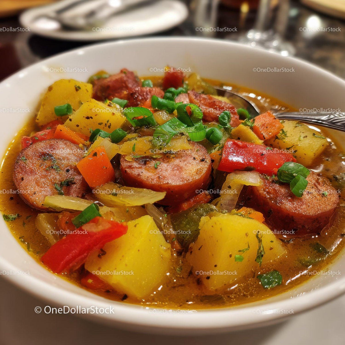 stock photo bundle made with Hearty Sausage and Vegetable Soup with Potatoes and Carrots Stock Photo Bundle