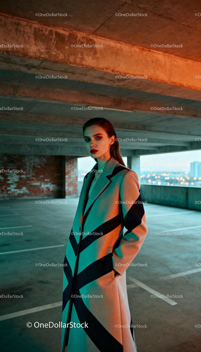 Stylish woman with bold makeup in urban parking garage