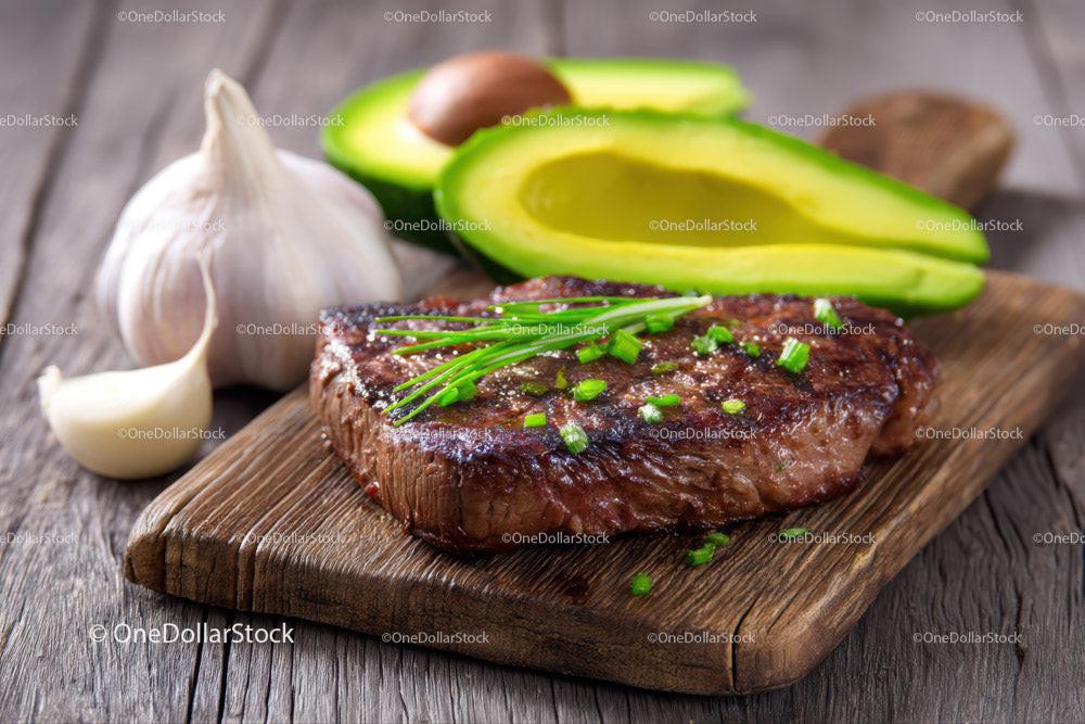 Juicy Grilled Steak with Fresh Avocado and Garlic on Wooden Board