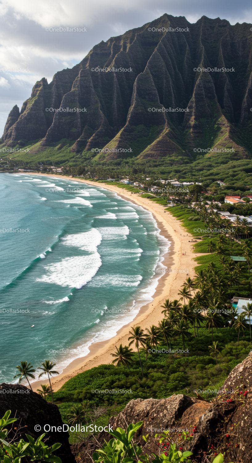 Scenic Tropical Beach with Green Mountain Backdrop and Ocean Waves