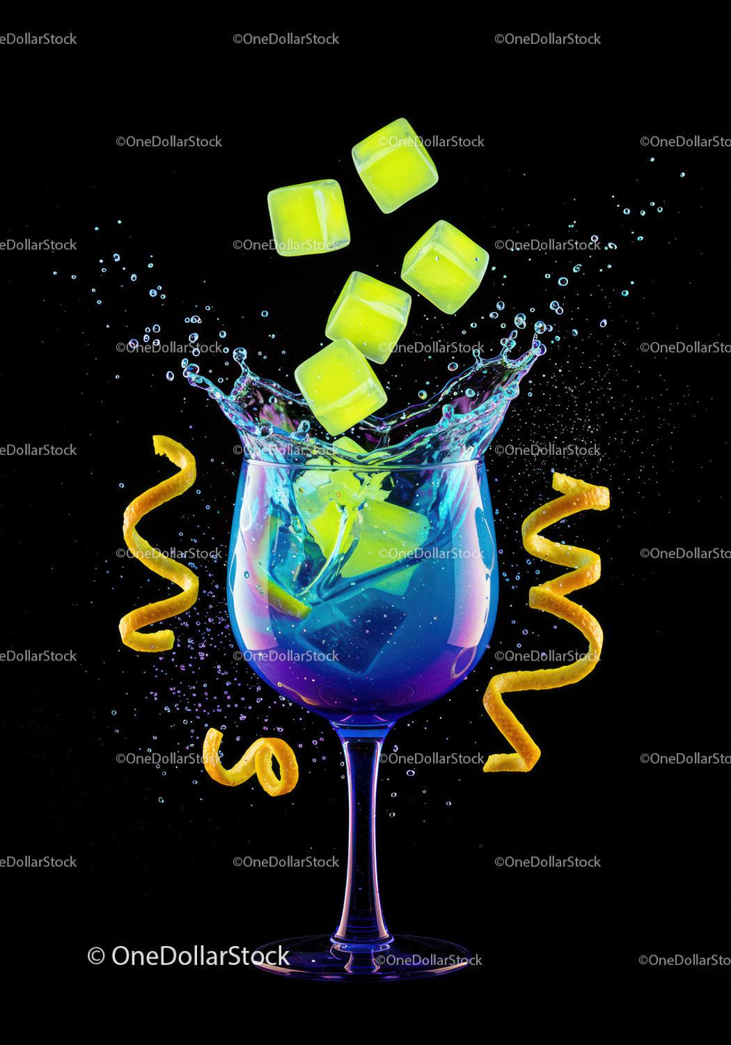 Yellow Ice Cubes Splash Into Vibrant Blue Cocktail Glass