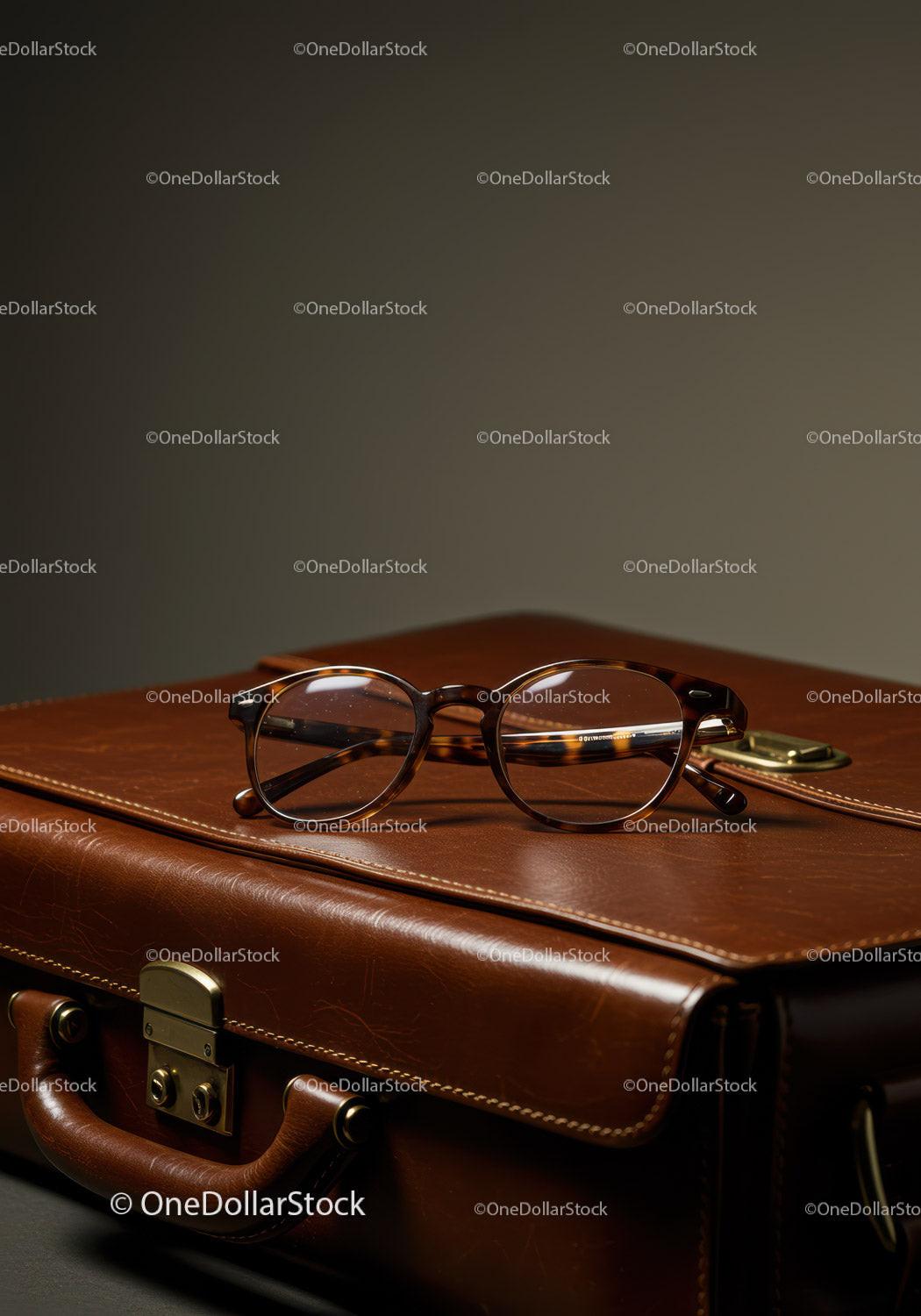 Stylish Leather Briefcase with Glasses on Office Desk