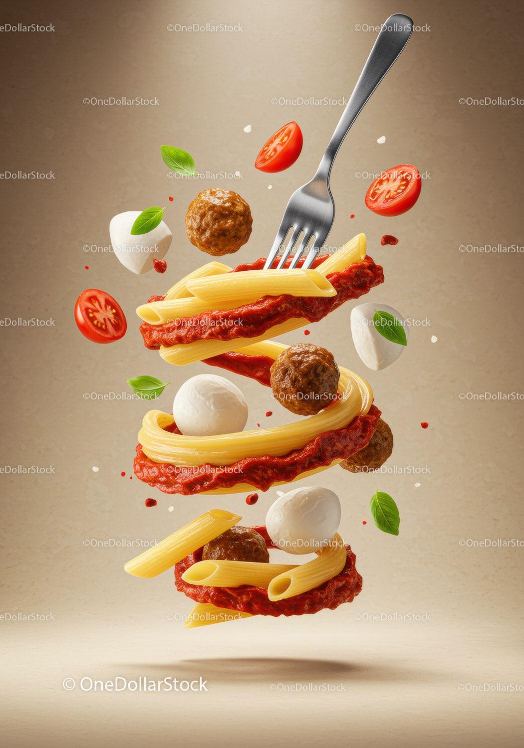 Floating Italian Pasta with Meatballs and Fresh Ingredients