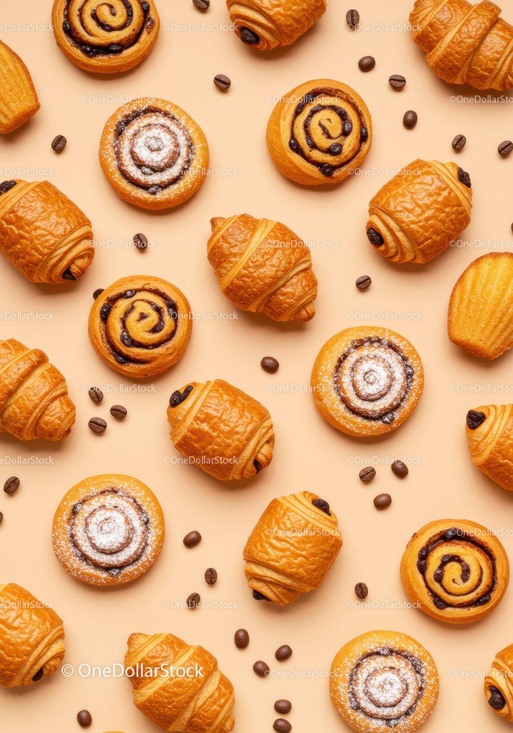 Assorted Fresh Pastries and Coffee Beans on Pastel Background