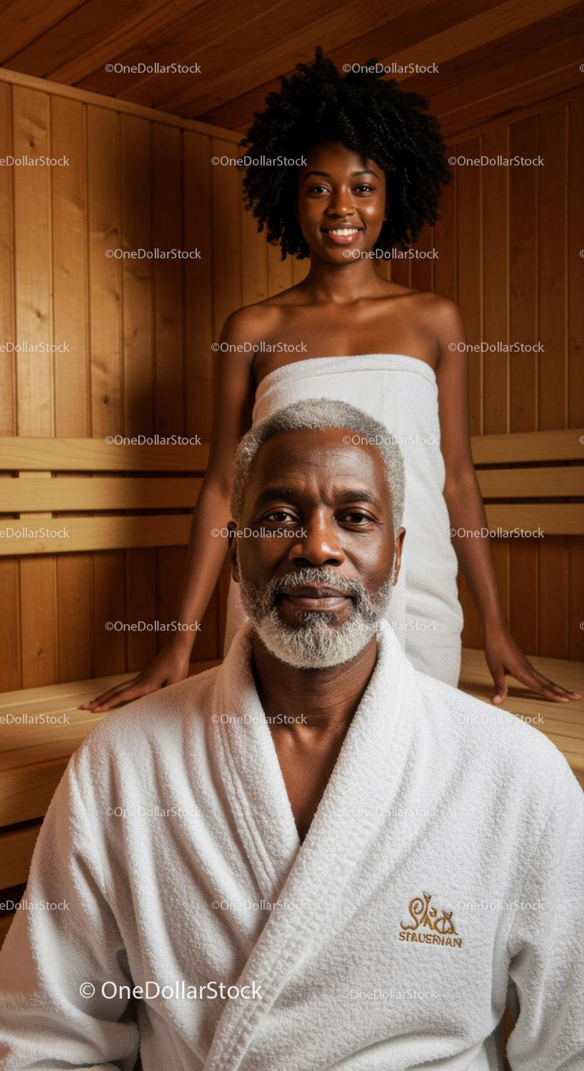 Elderly African American Man in Sauna Room Relaxing with Towel and Smile