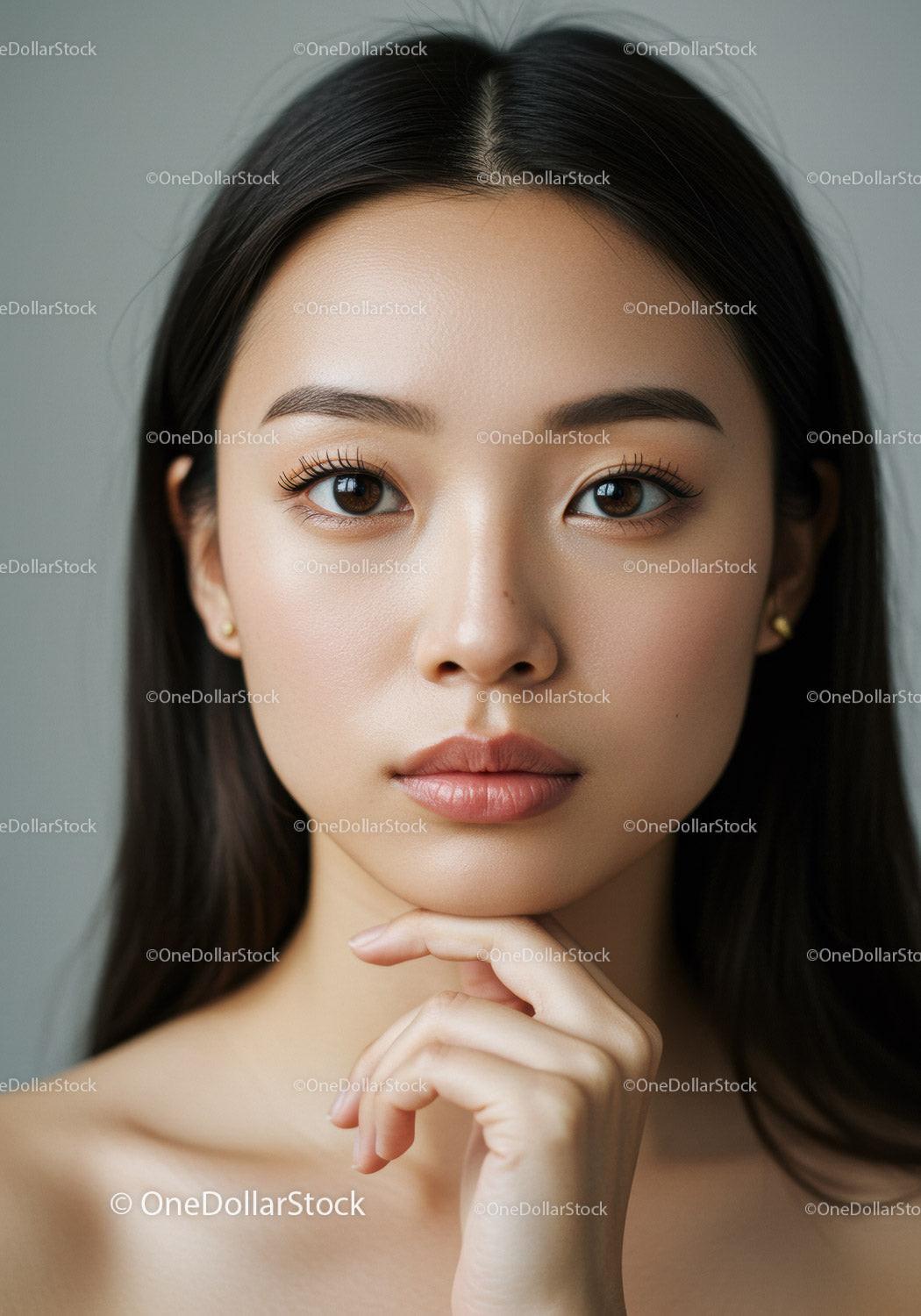 Close-Up of a Beautiful Asian Woman with Flawless Skin and Brown Eyes