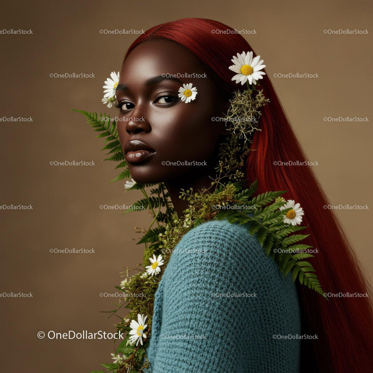 Elegant Portrait of a Woman with Flowing Red Hair and Botanical Accessories Stock Photo Bundle creative preview 4