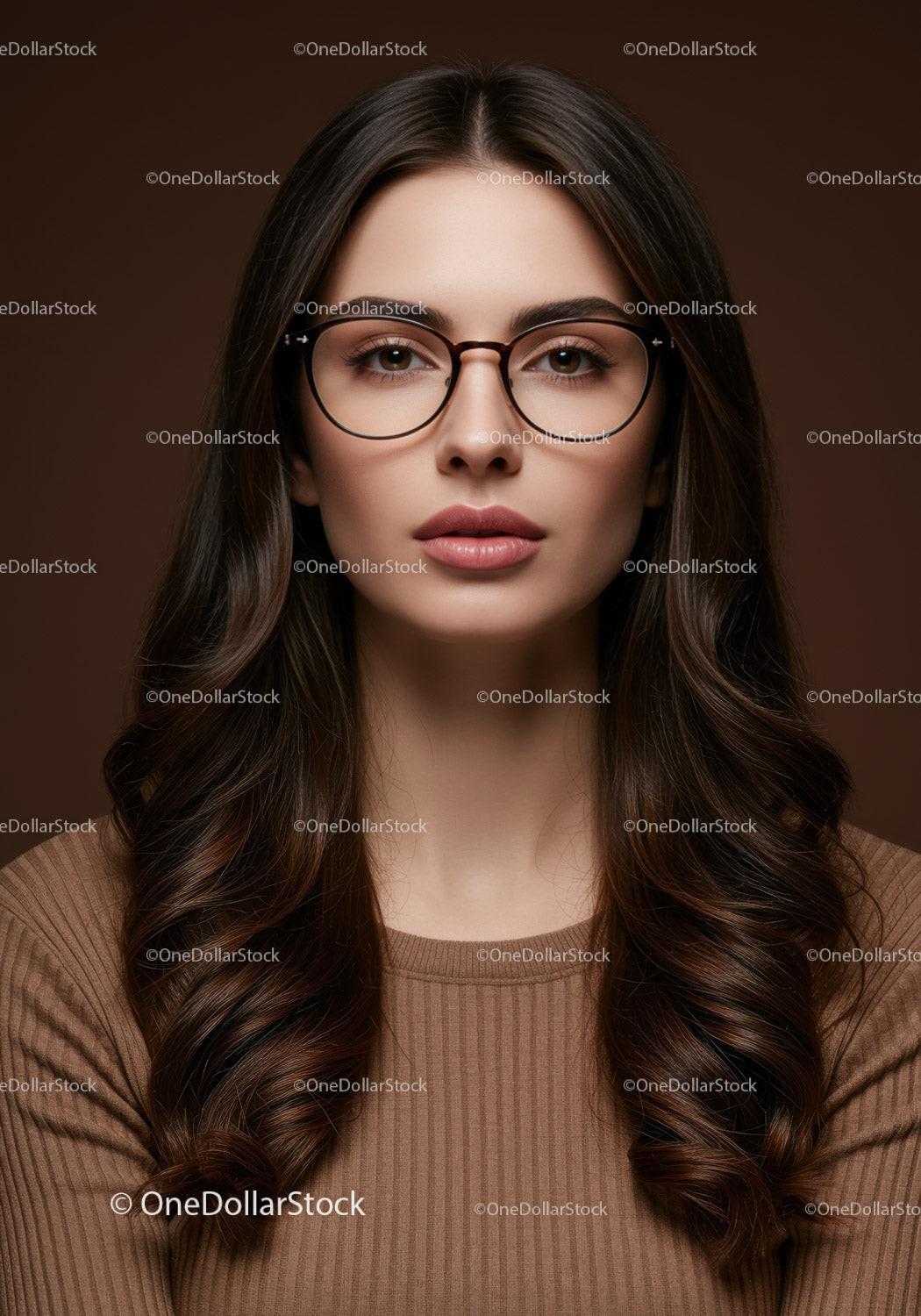 Elegant Woman Wearing Glasses with Confident Expression for Stock Use