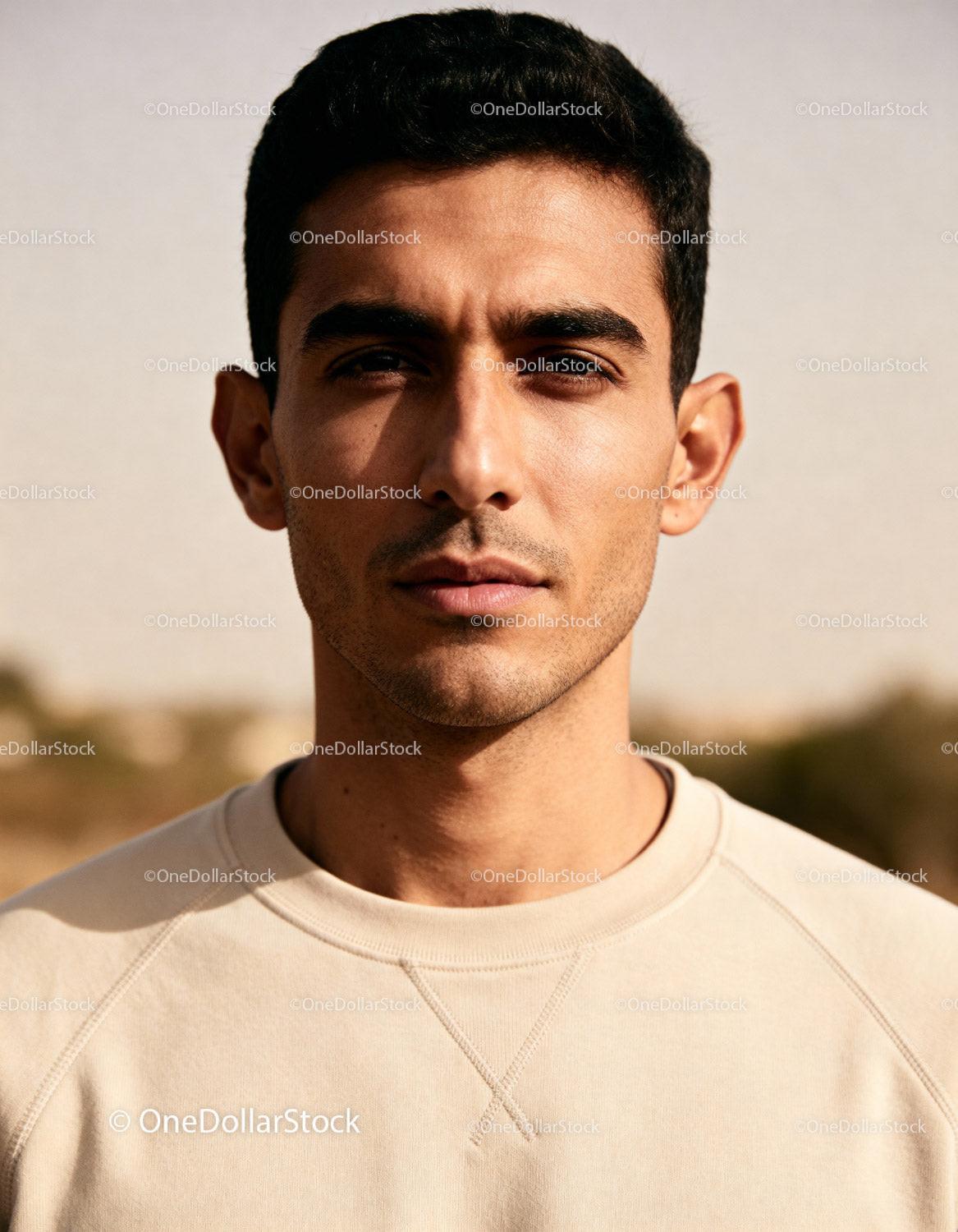 Serious young man wearing beige sweatshirt outdoors