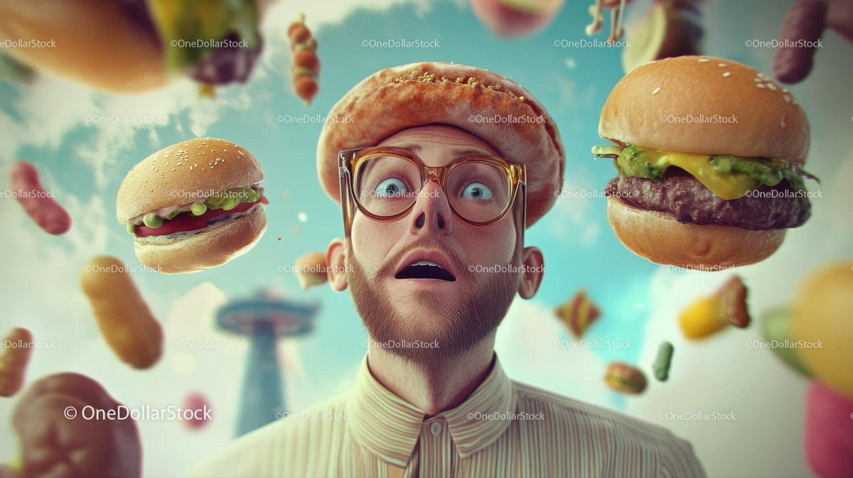 Man wearing glasses and cap surrounded by floating cheeseburgers and snacks in sky