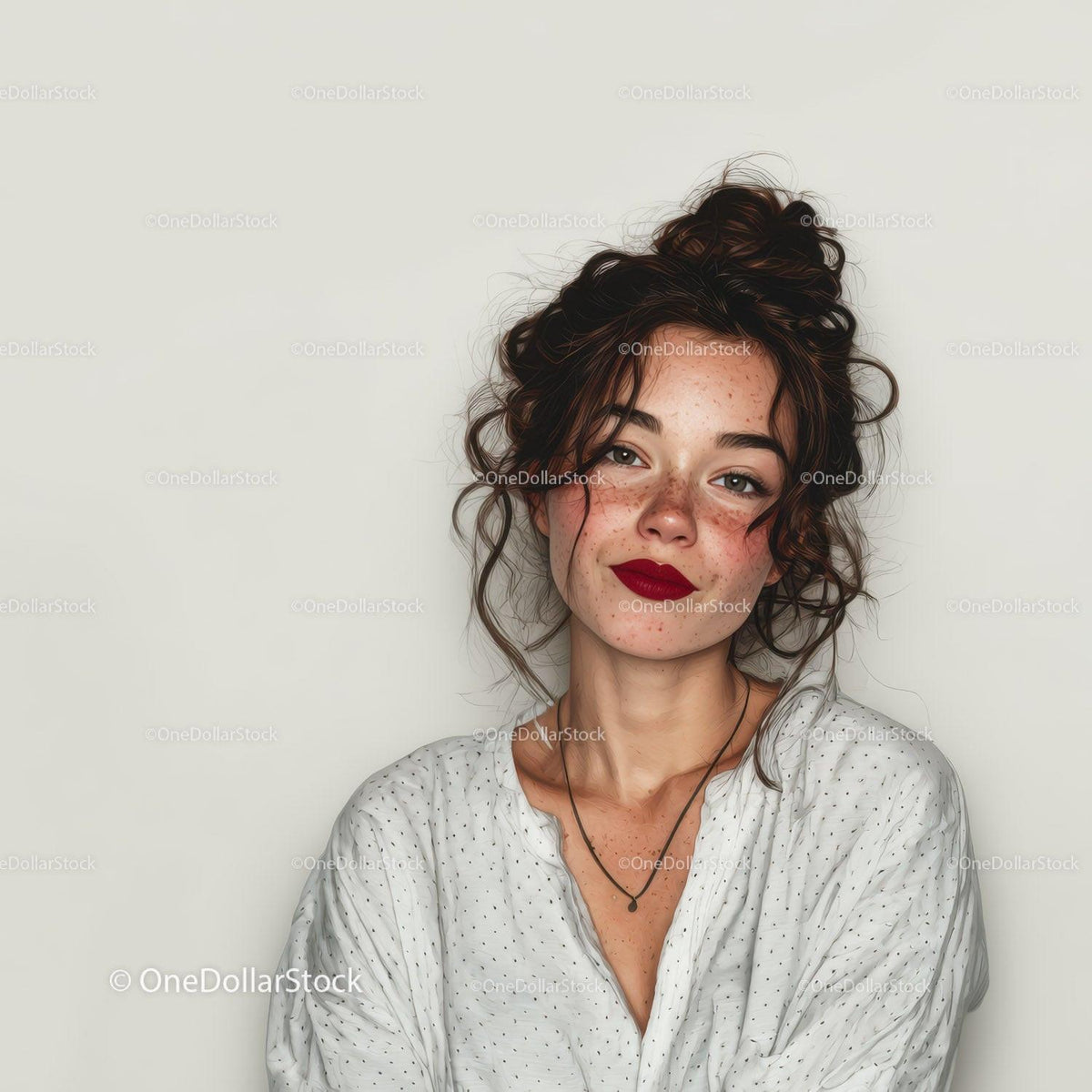 Portrait of a Young Woman with Red Lips and Curly Hair