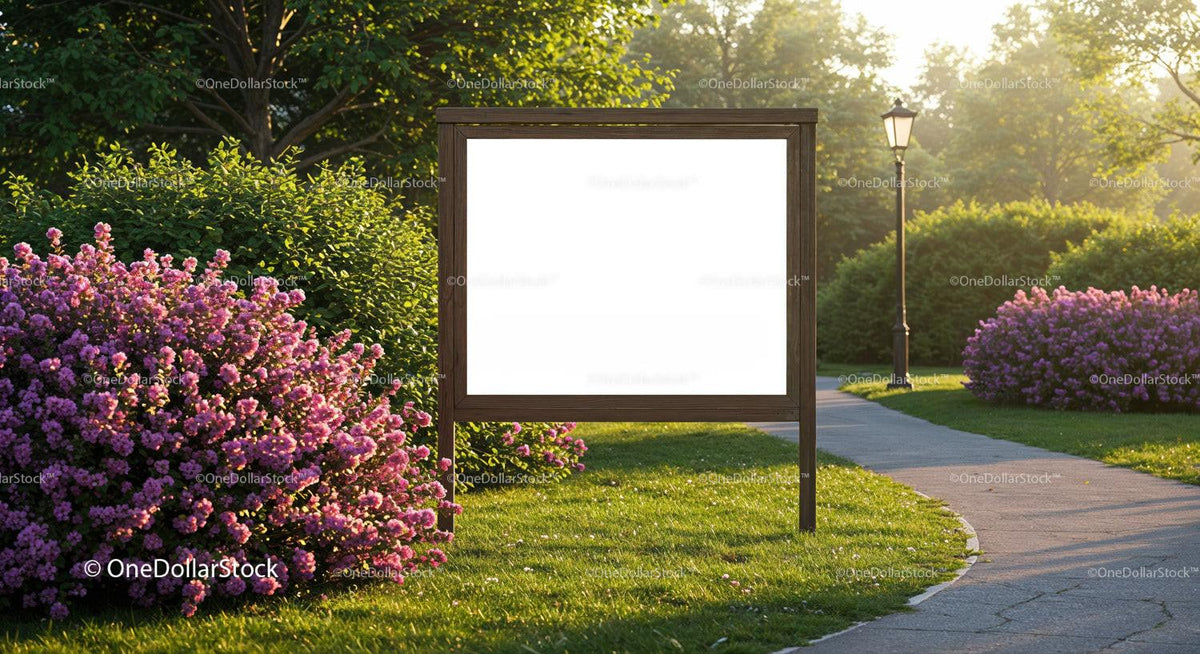 Wooden signboard amid blooming pink bushes in park JPG Mockup Image preview