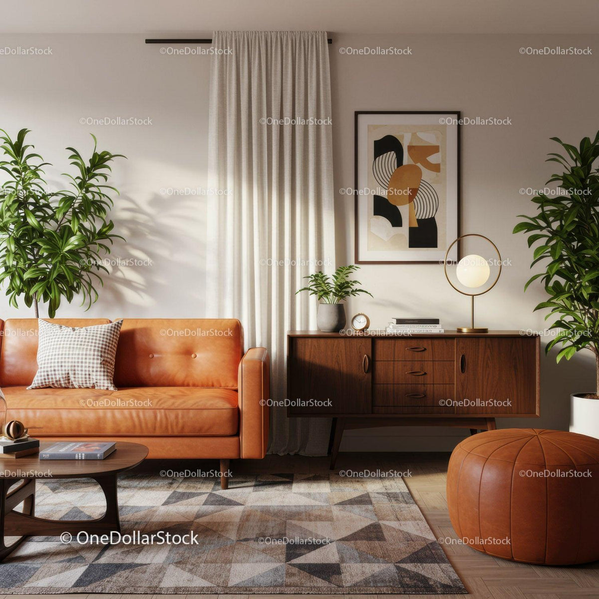 Cozy living room with leather sofa and modern decor