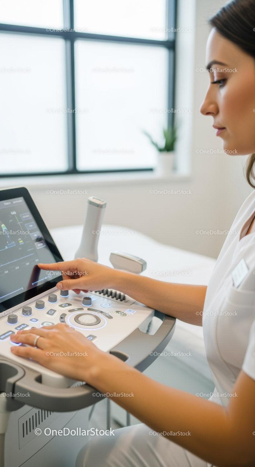 Female Healthcare Professional Operating Ultrasound Machine in Modern Clinic