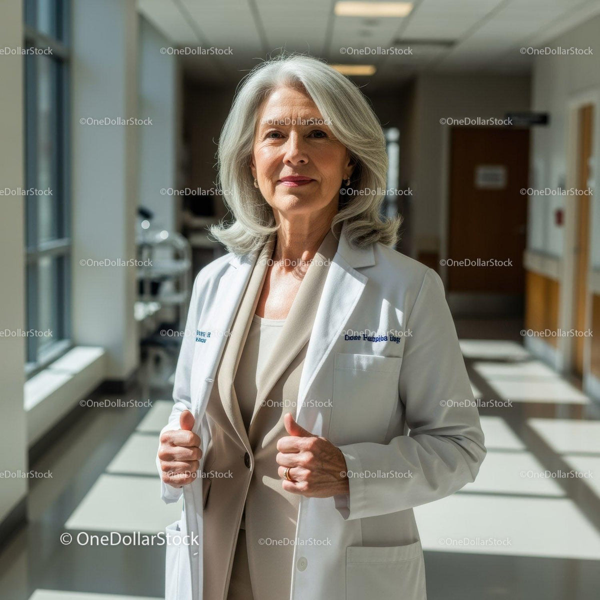 Senior Female Doctor in White Coat Standing in Hospital Corridor