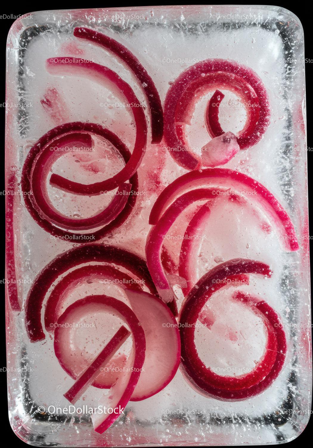Red onion slices frozen inside an ice cube close up