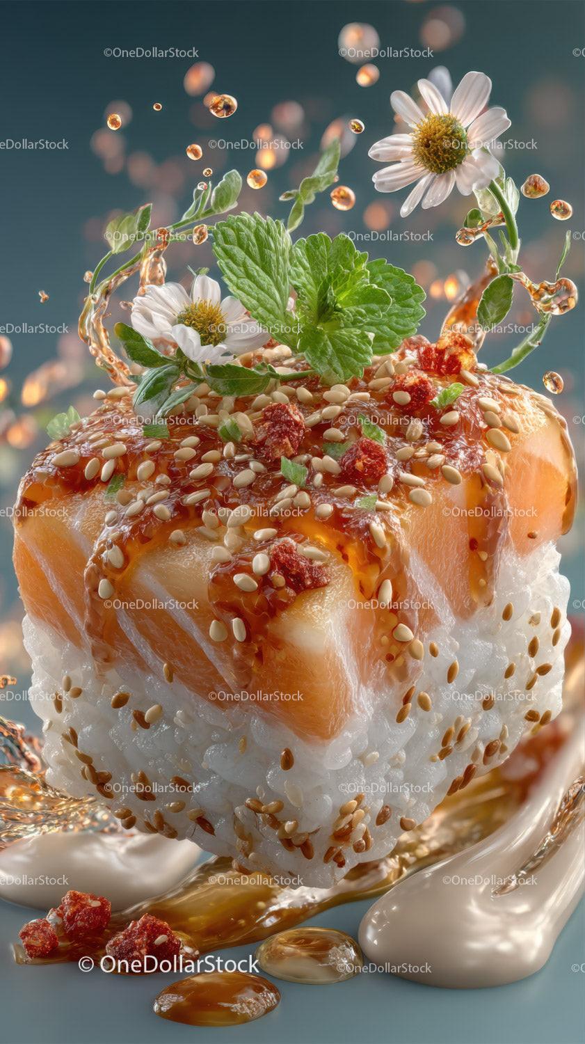 Close-up of Sushi with Salmon, Sesame Seeds and Mint Leaves