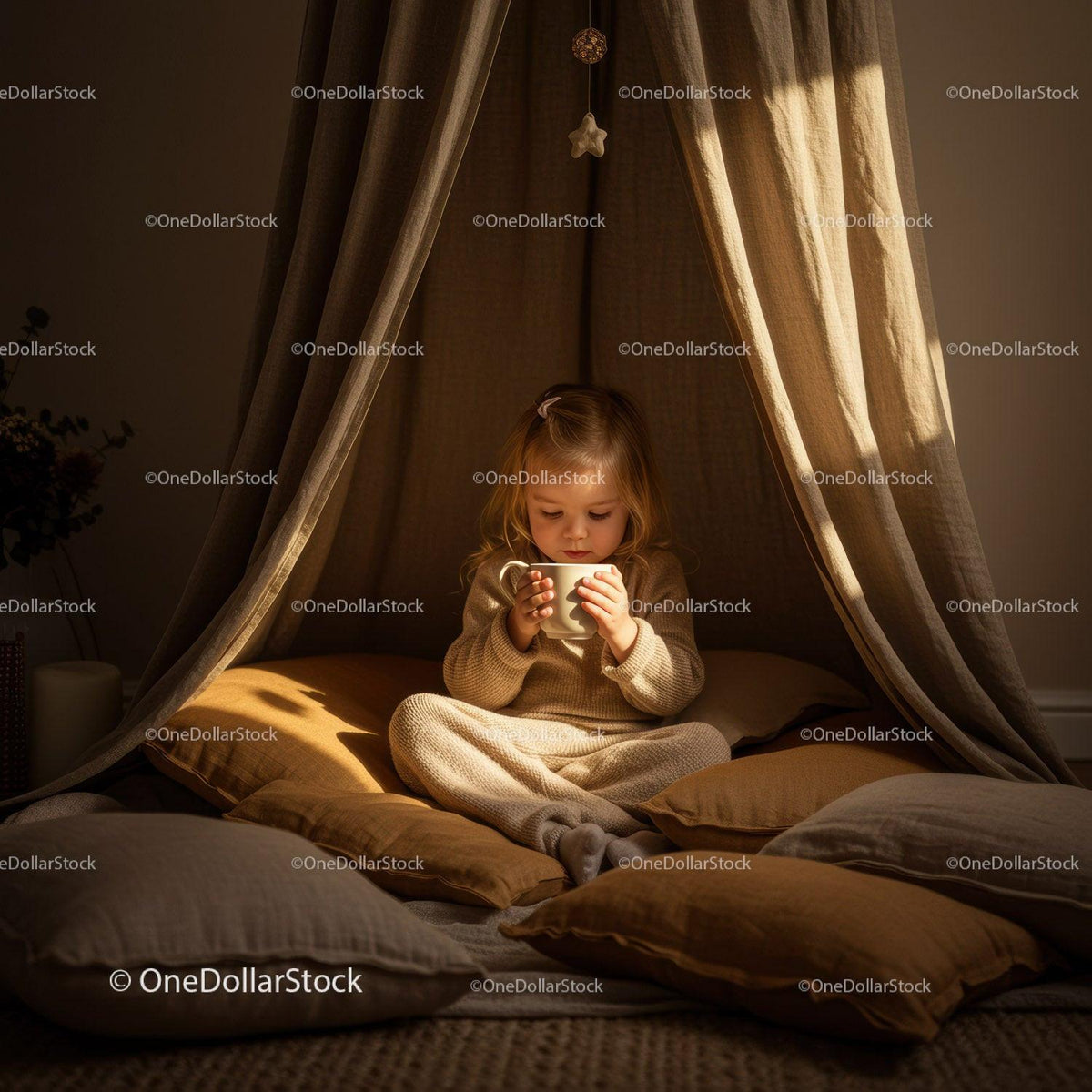 Little Girl Enjoying Warm Drink in Cozy Indoor Tent