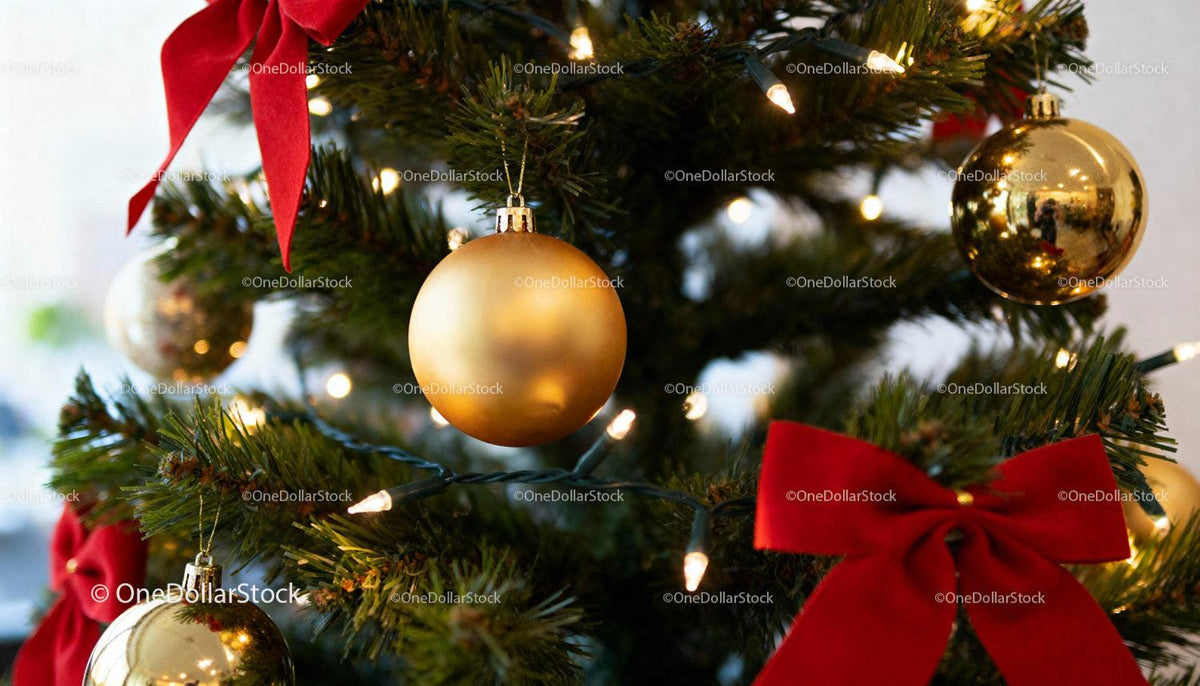 Christmas tree decorated with gold ornaments and red bows