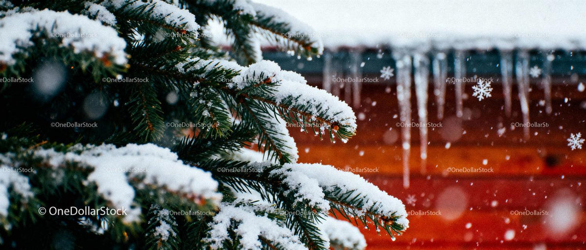 Snow-covered pine branches with icicles in winter