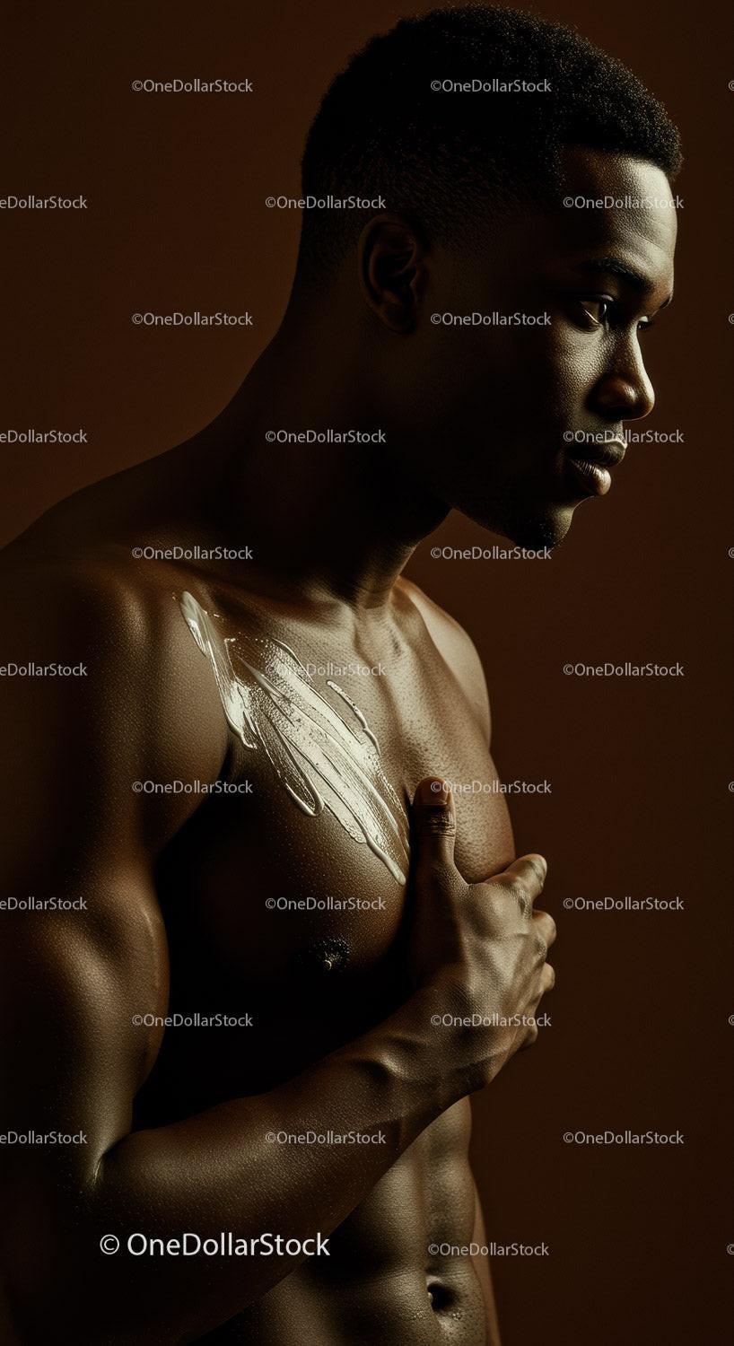 Artistic Portrait of a Young Man with Metallic Feather Body Art in Warm Studio Lighting