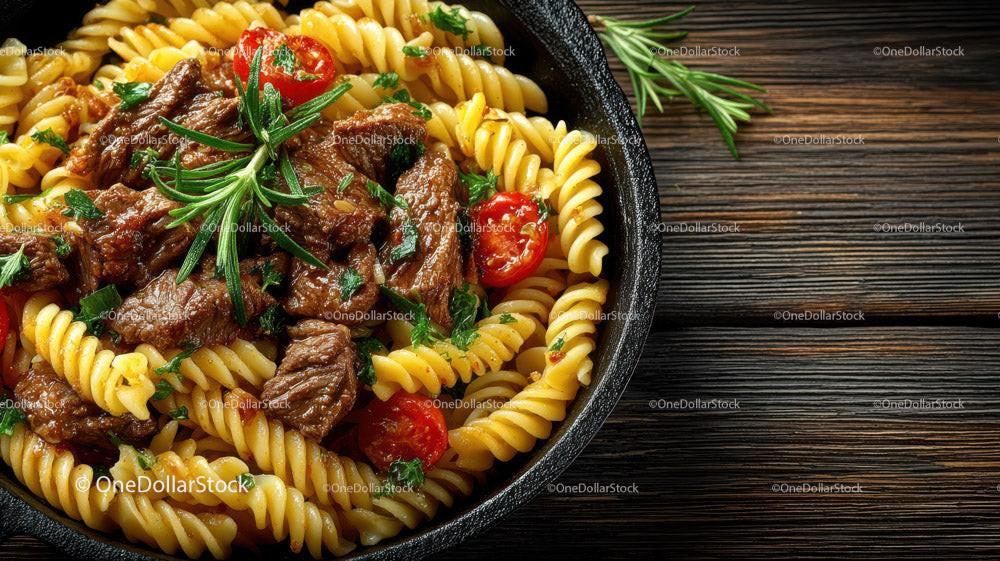 Hearty Beef and Cherry Tomato Pasta in Rustic Skillet Stock Photo Bundle preview 16