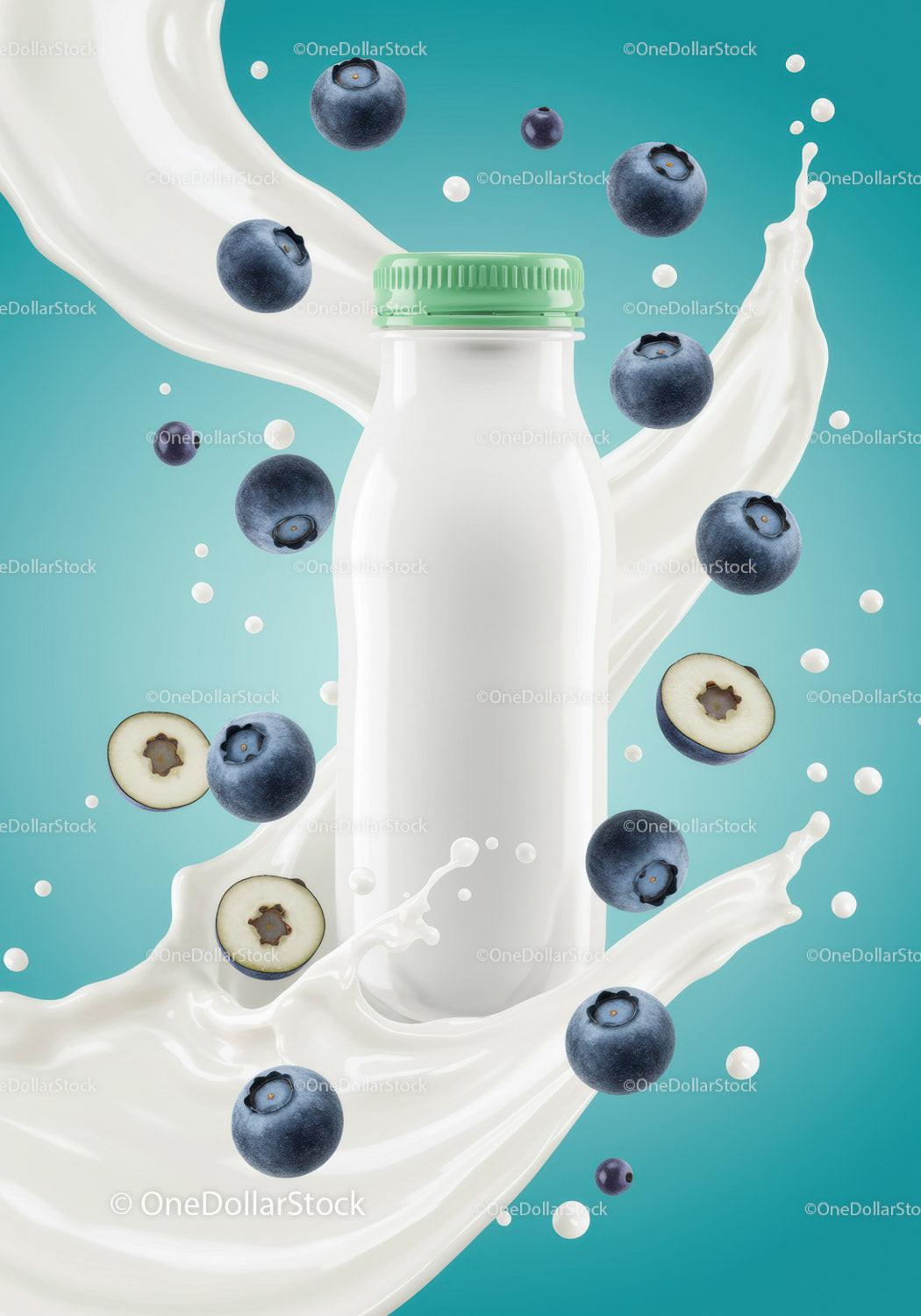 Bottle of blueberry yogurt with fresh berries splashing JPG Mockup Image preview