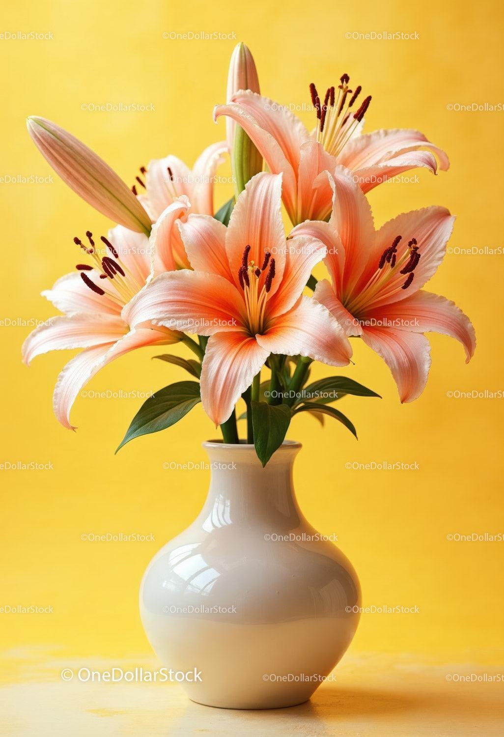 Vivid Pink Lily Bouquet in White Vase on Bright Background
