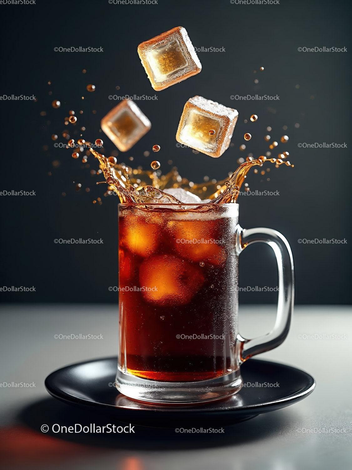 Refreshing iced coffee splashing with melting cubes