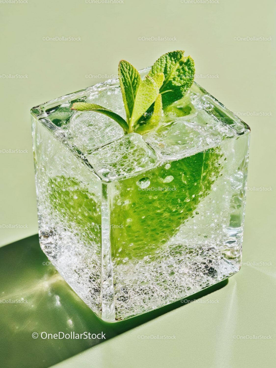 Refreshing Mint and Lime Ice Cube with Bubbles