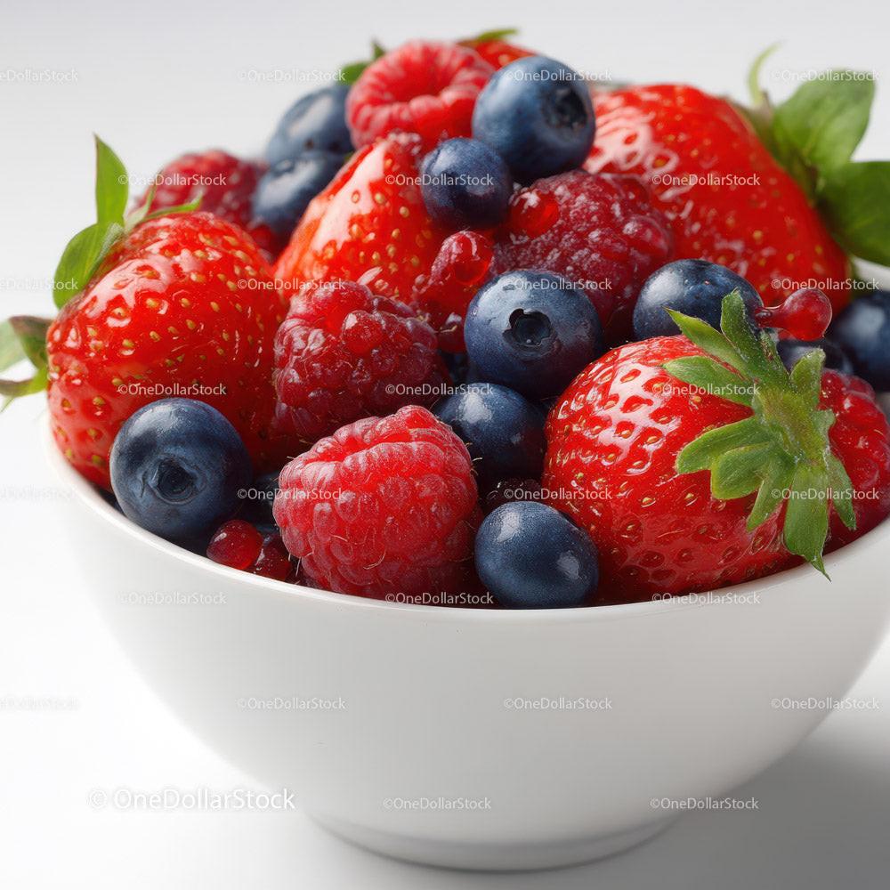 Fresh Mixed Berries in a White Bowl with Green Leaves Stock Photo Bundle preview 6