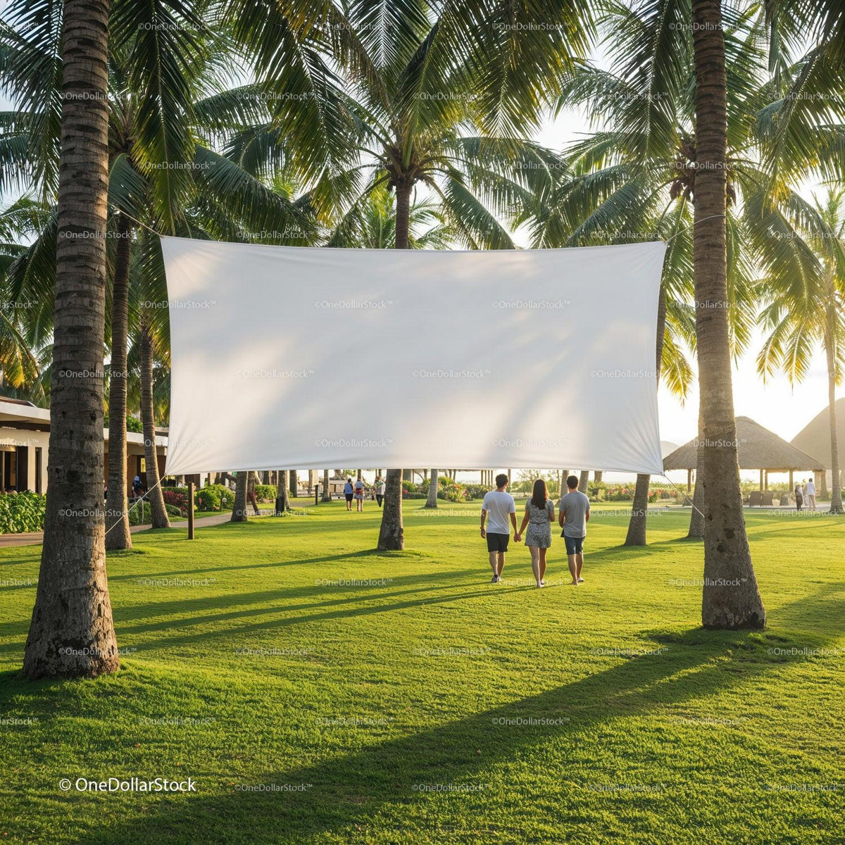 Friends Walking Together Near Outdoor Movie Screen JPG Mockup Image preview