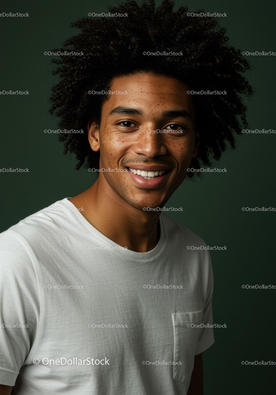 Portrait of a Smiling Young Man with Curly Hair in Casual Attire