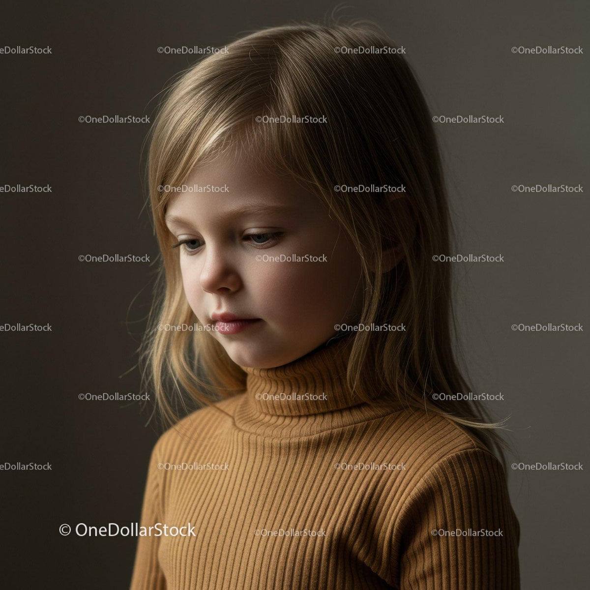 Portrait of thoughtful little girl in brown turtleneck