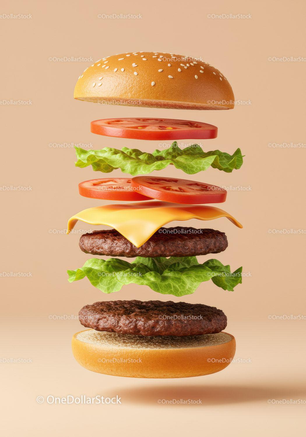 Deconstructed cheeseburger ingredients floating in space