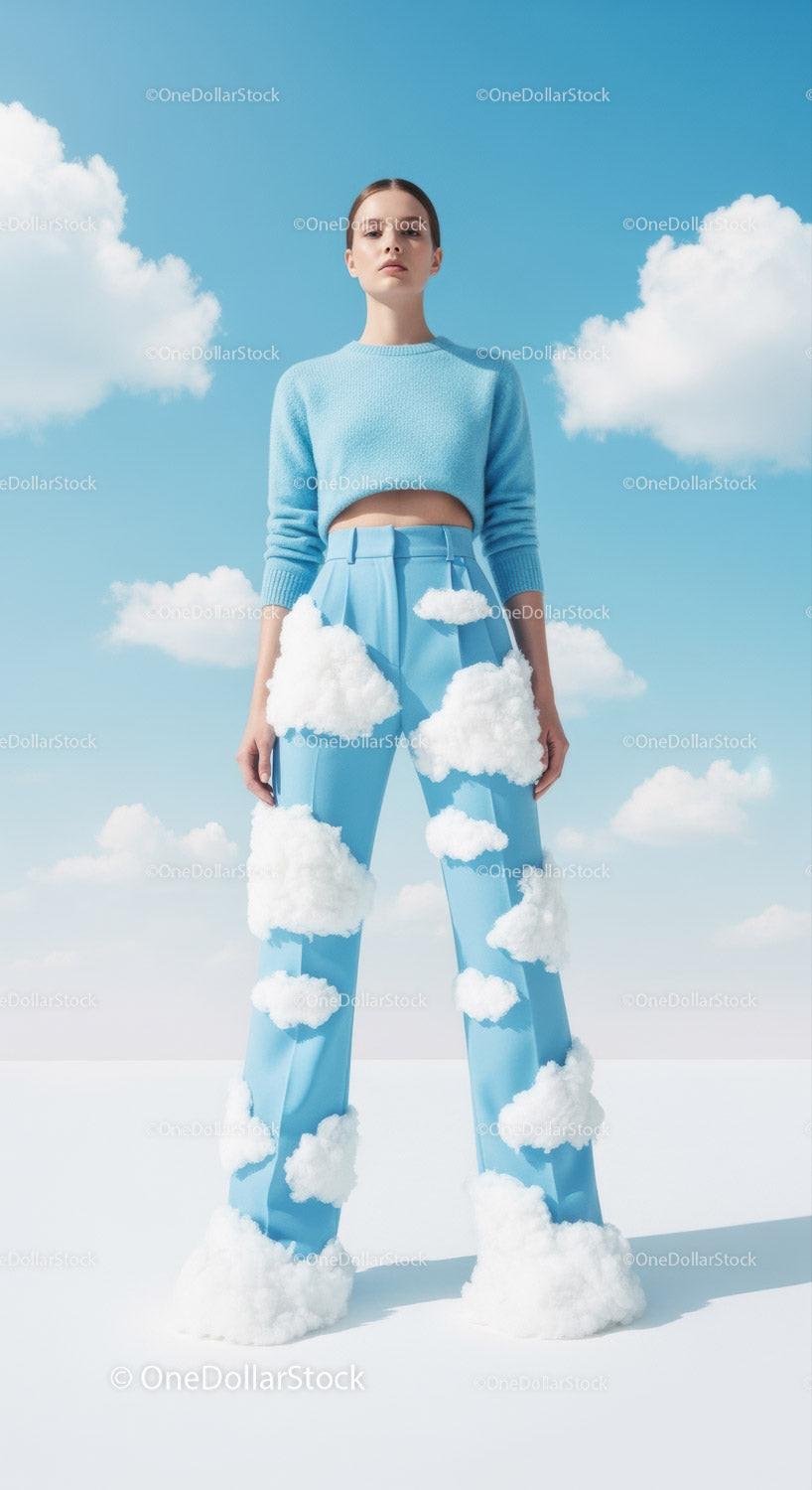 Fashion Model in Sky with Cloud Accessories and Blue Outfit