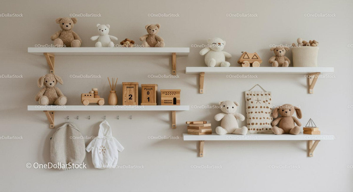 Nursery Shelves with Plush Toys and Wooden Baby Accessories