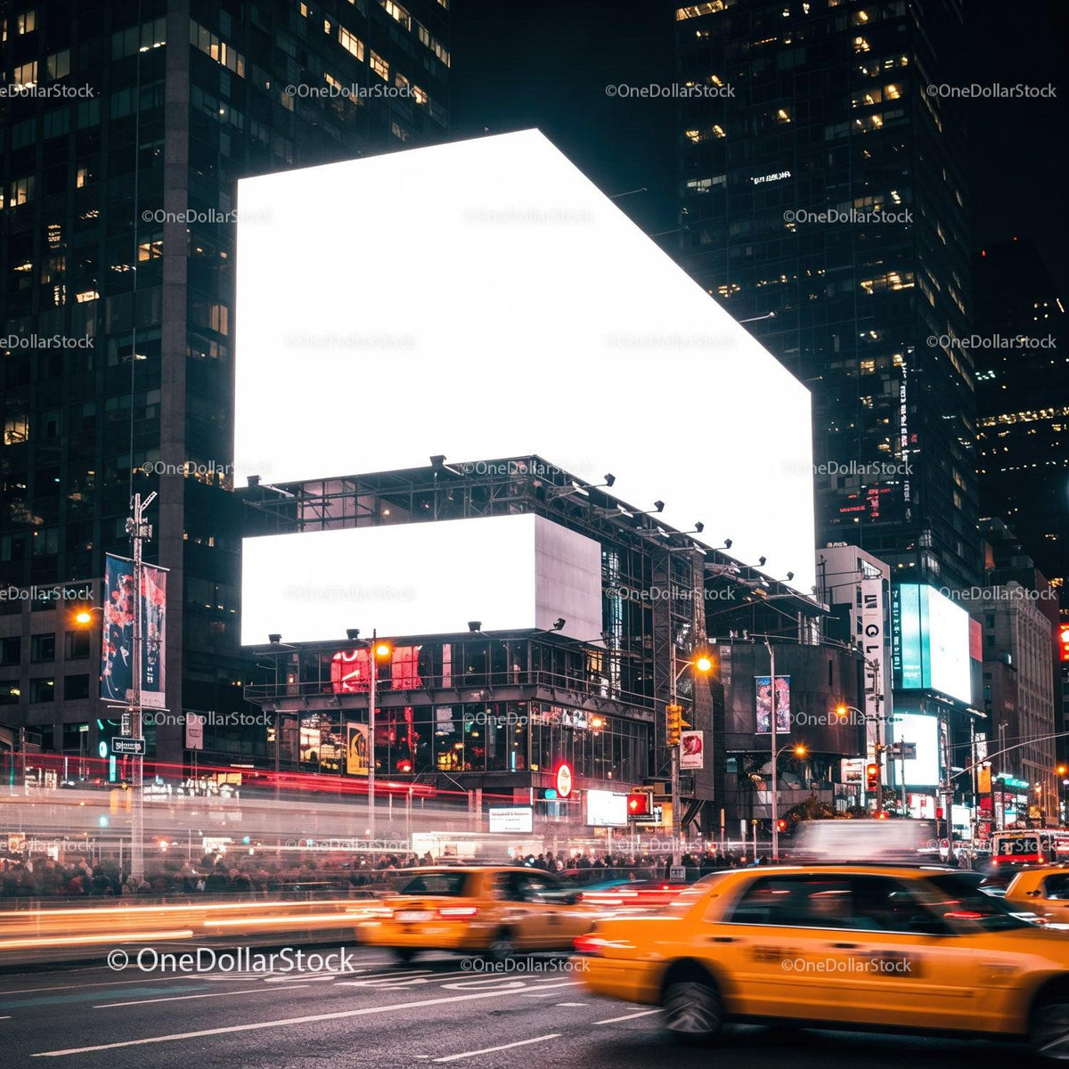 Busy urban street with illuminated billboards at night JPG Mockup Image preview
