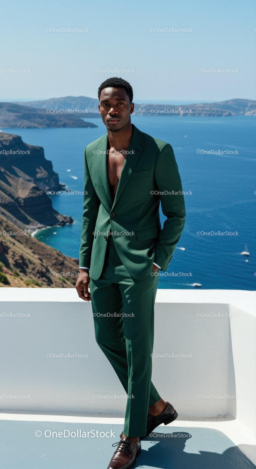 Confident man in green suit by blue coastal cliffs