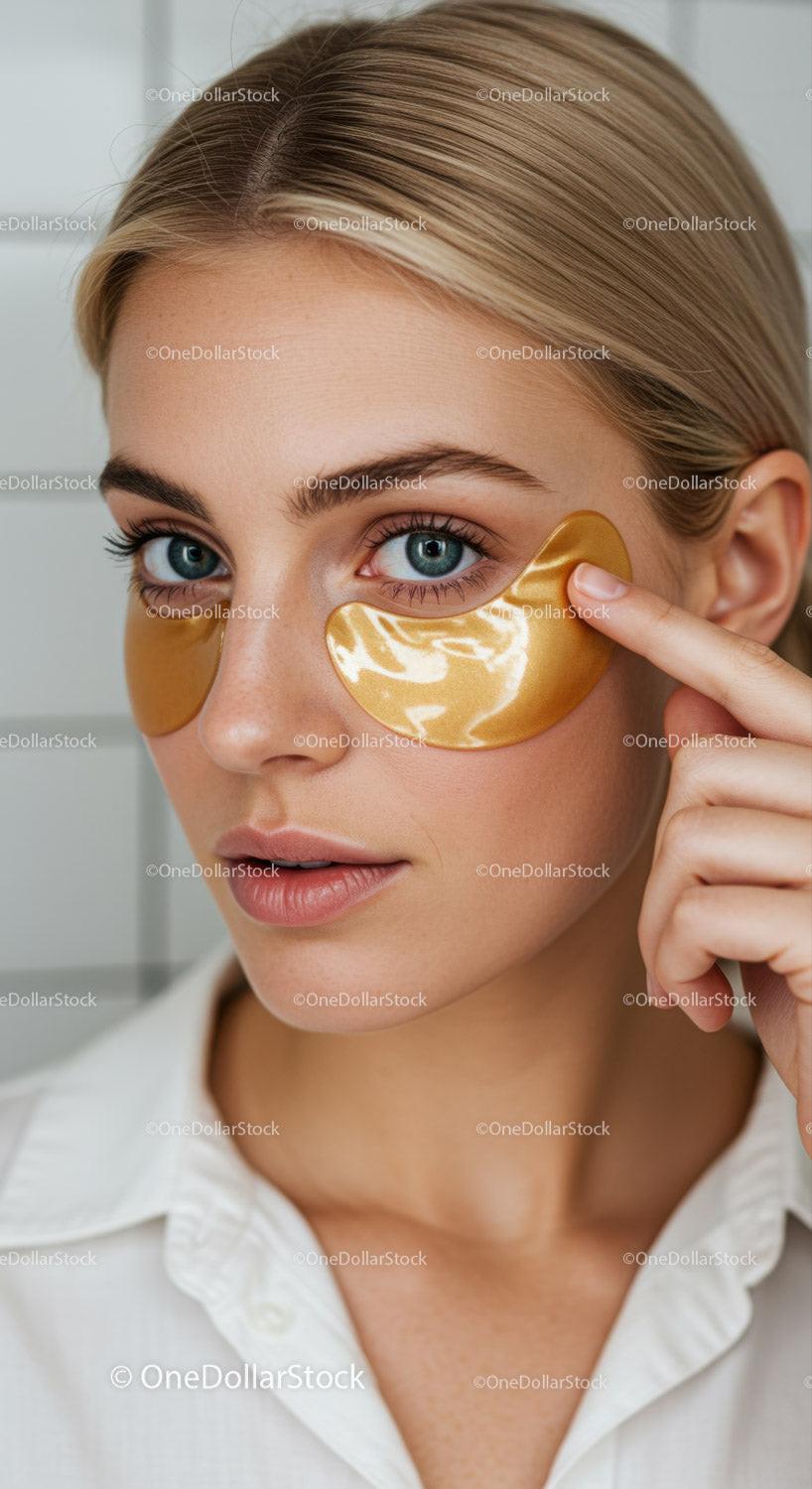 Close-up of Woman with Blue Eyes Wearing Gold Under Eye Patches