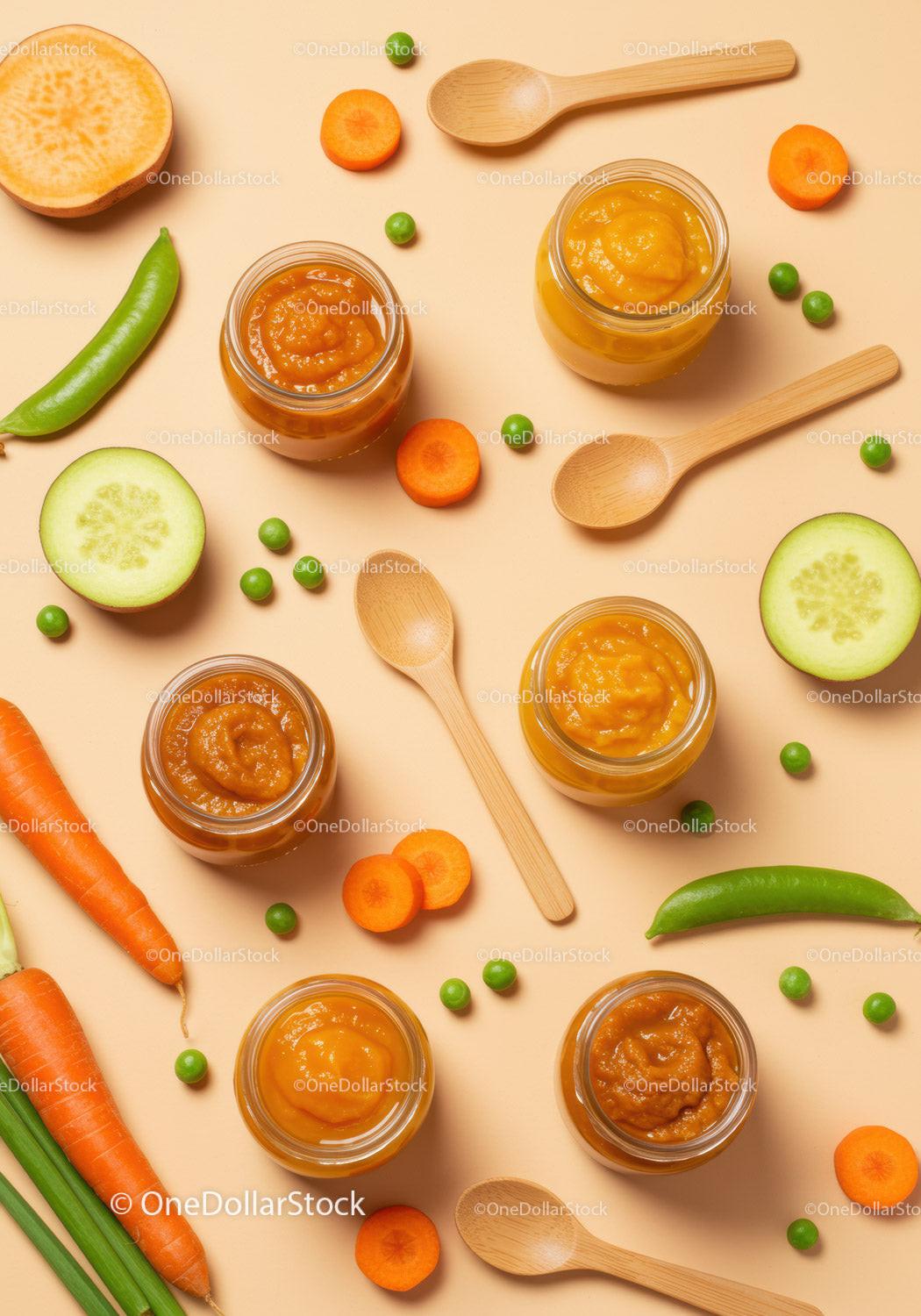 Assorted vegetable purees in jars with fresh produce