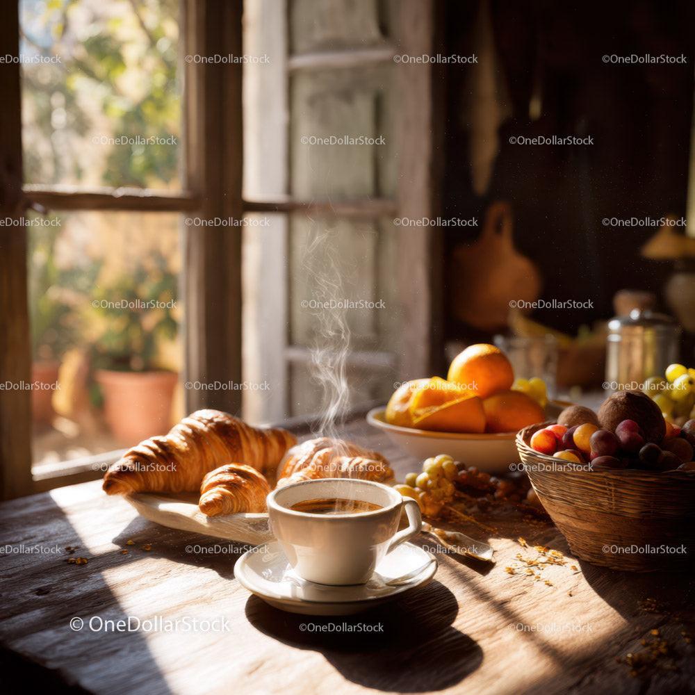 Cozy rustic kitchen with croissant and fresh fruit on sunlit wooden table Stock Photo Bundle preview 13