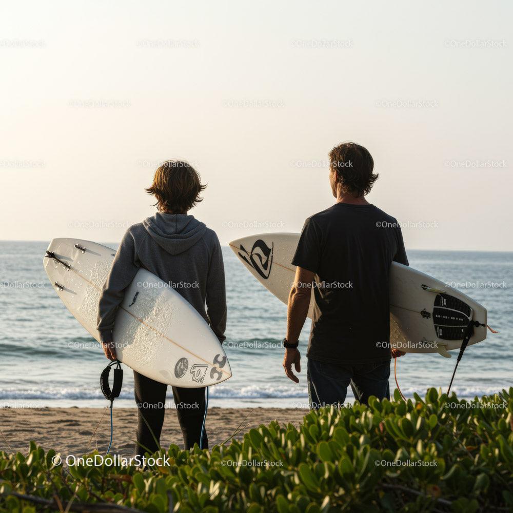 stock photo bundle made with Two Surfers with Surfboards at Beach Ready for Waves Stock Photo Bundle