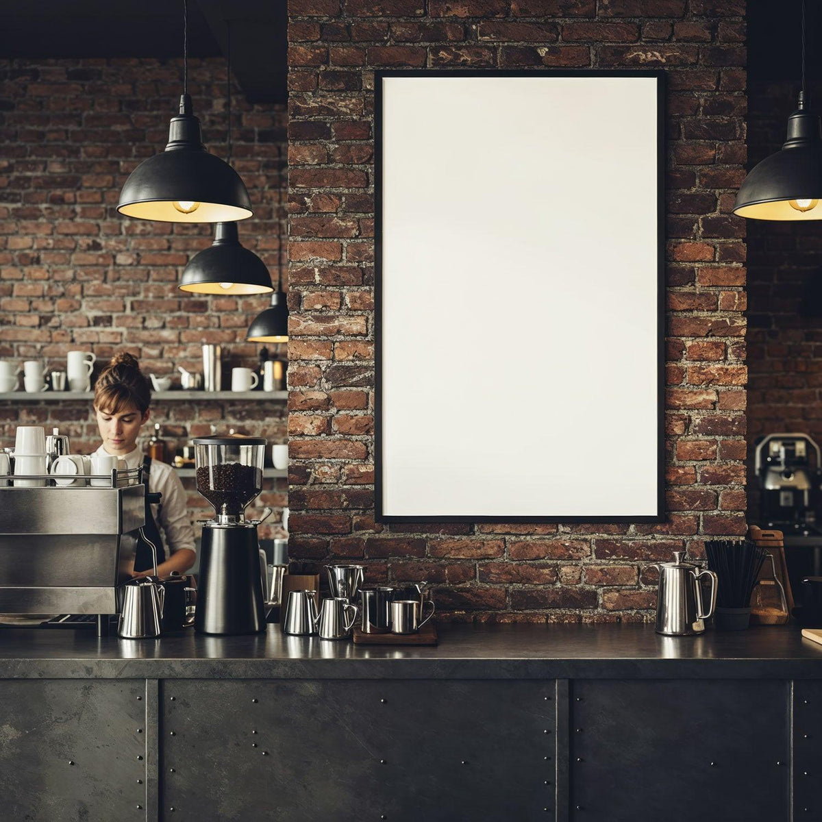 Barista Preparing Coffee Behind Industrial Cafe Counter JPG Mockup Image preview