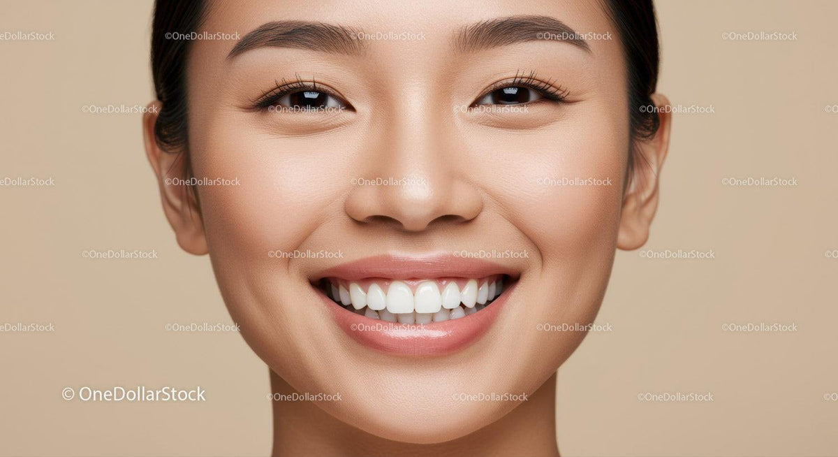 Close up of smiling young Asian woman with flawless skin