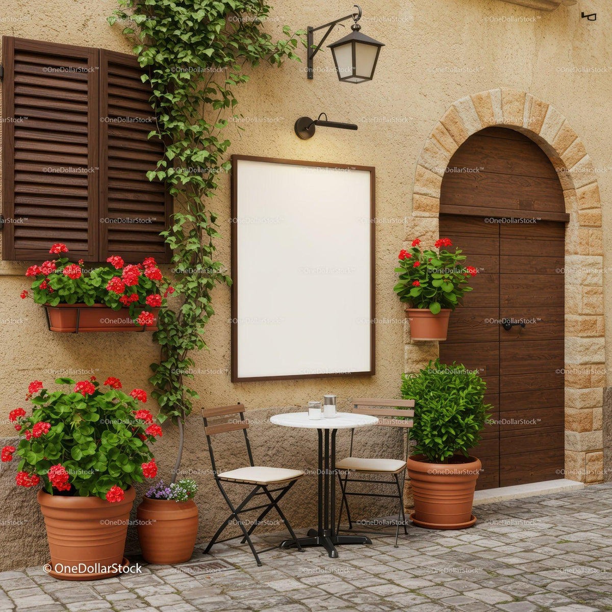 Cozy outdoor café corner with flowering plants and rustic charm JPG Mockup Image preview