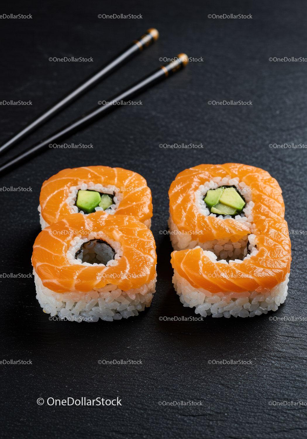 Fresh salmon avocado sushi rolls with chopsticks closeup