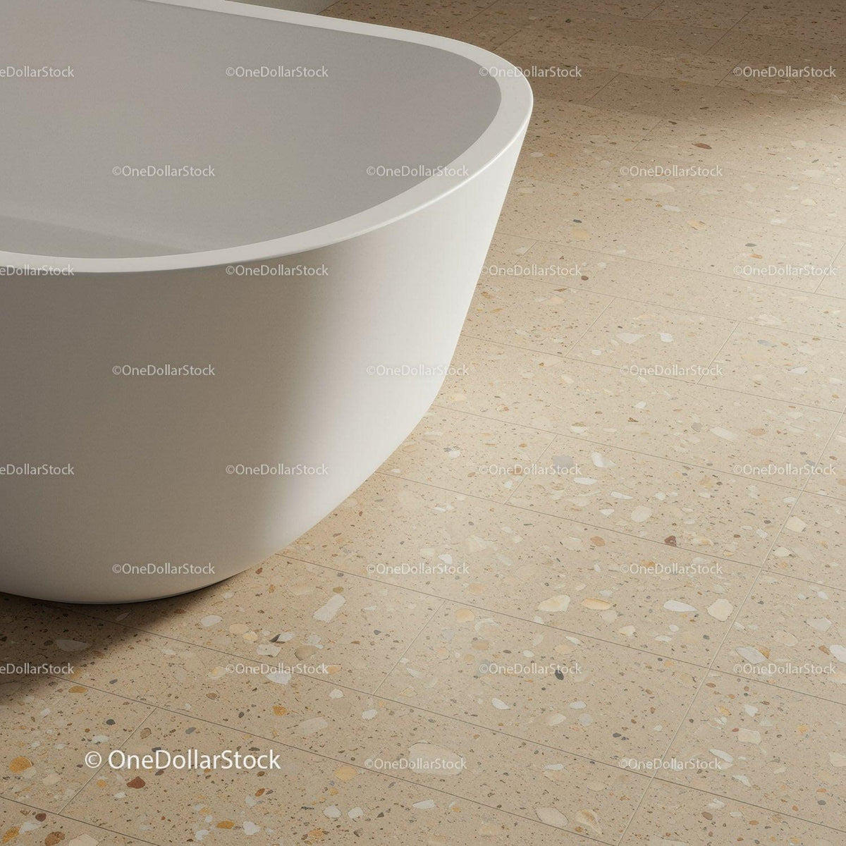 Elegant White Bathtub with Curved Design on Terrazzo Floor for Modern Bathroom
