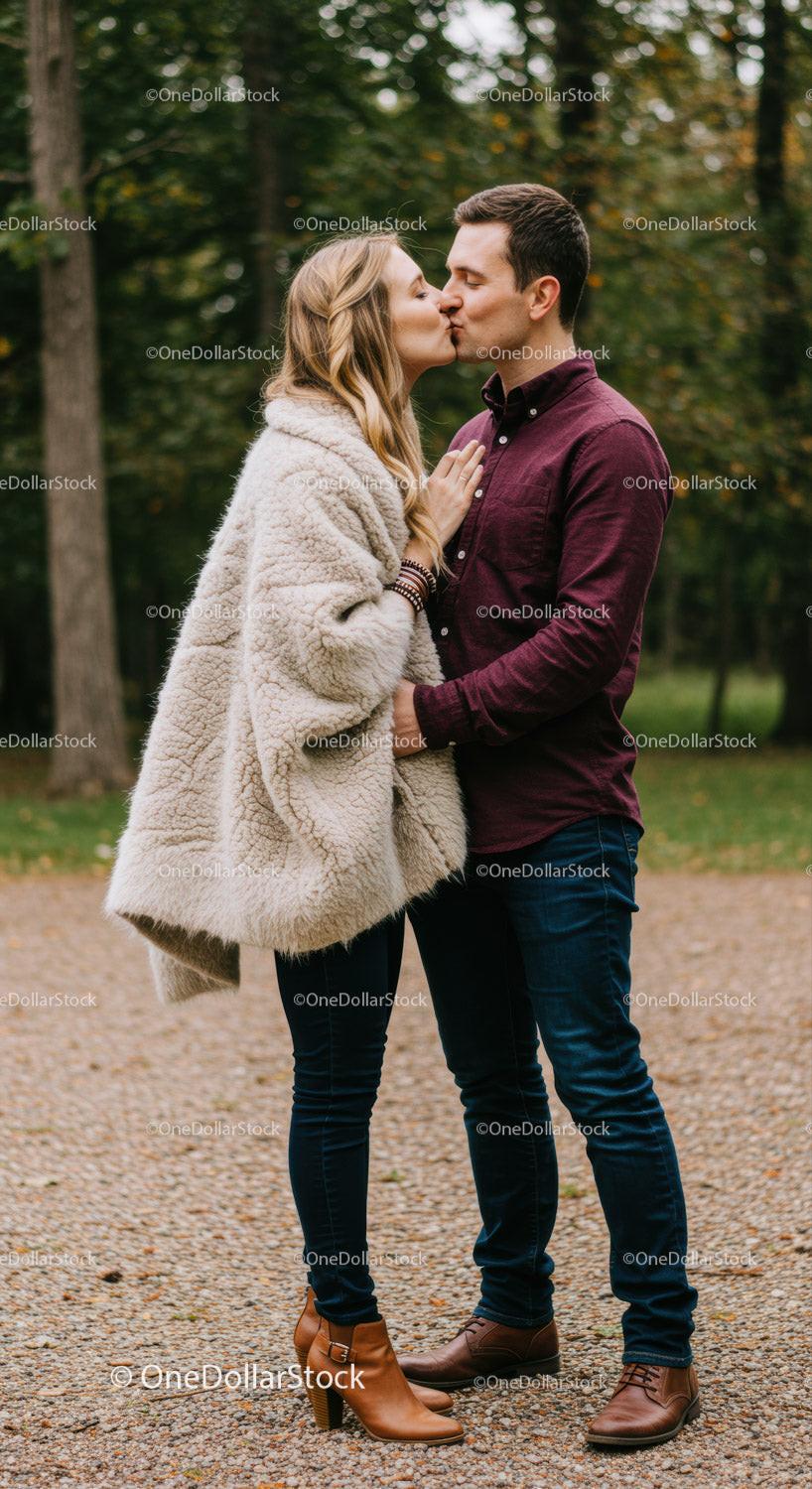 Couple Sharing a Tender Kiss Outdoors in Autumn